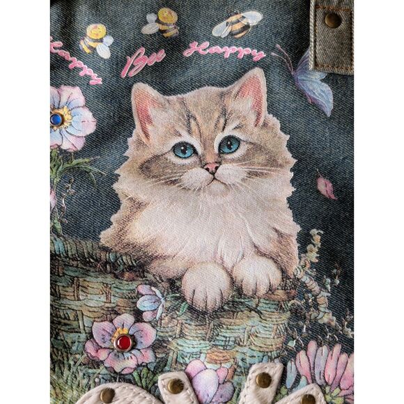 Far Nine Denim Cat Purse Tote Bag Floral Bee “LOVE” Studded Zipper - Picture 4 of 10